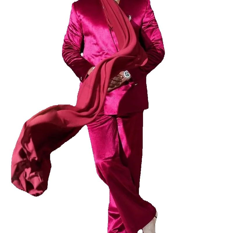 Men Formal Wear With Scarf - Conjunto de traje de satén rosa