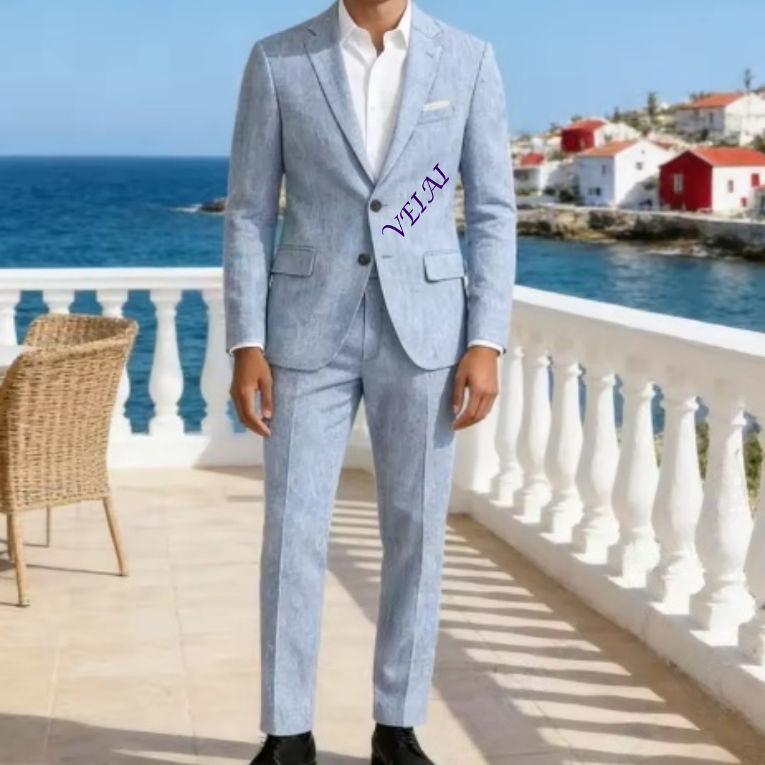 Men'S Formal Beach Wear - Traje de Lino Azul Cielo Suave
