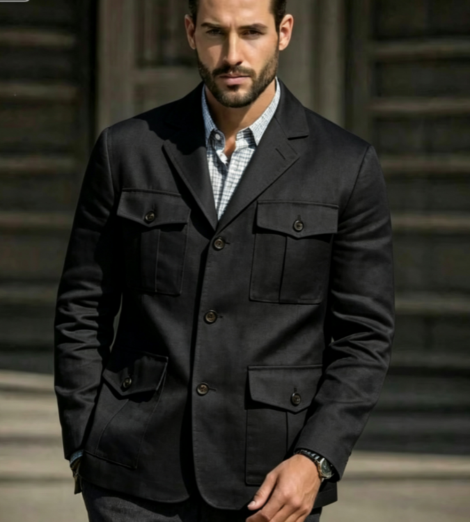 Men'S Formal Resort Wear - Blazer Azul de Lino Estilo Safari