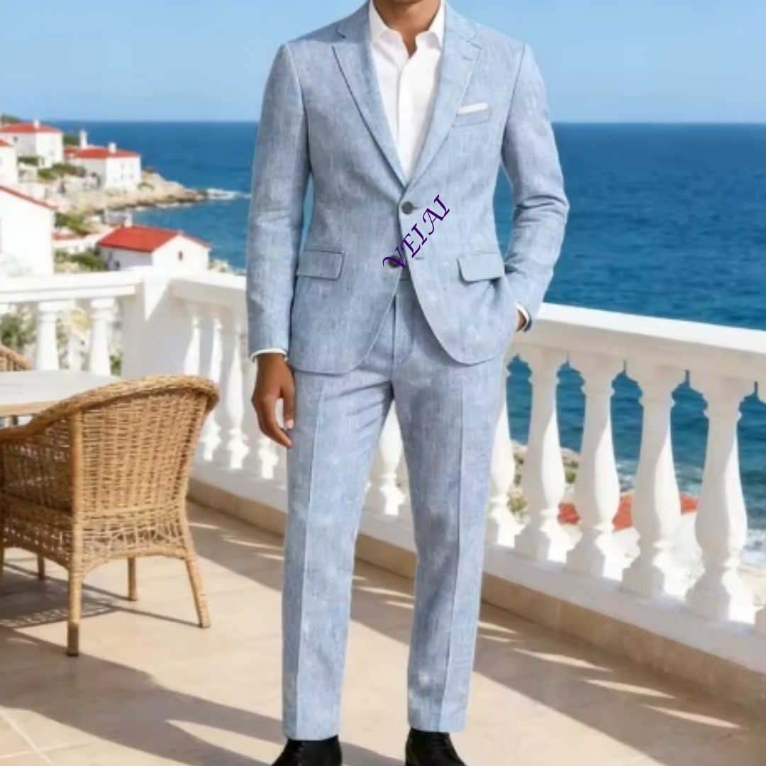 Traje de Lino Azul Cielo Suave - Men'S Formal Beach Wear reseña y precio