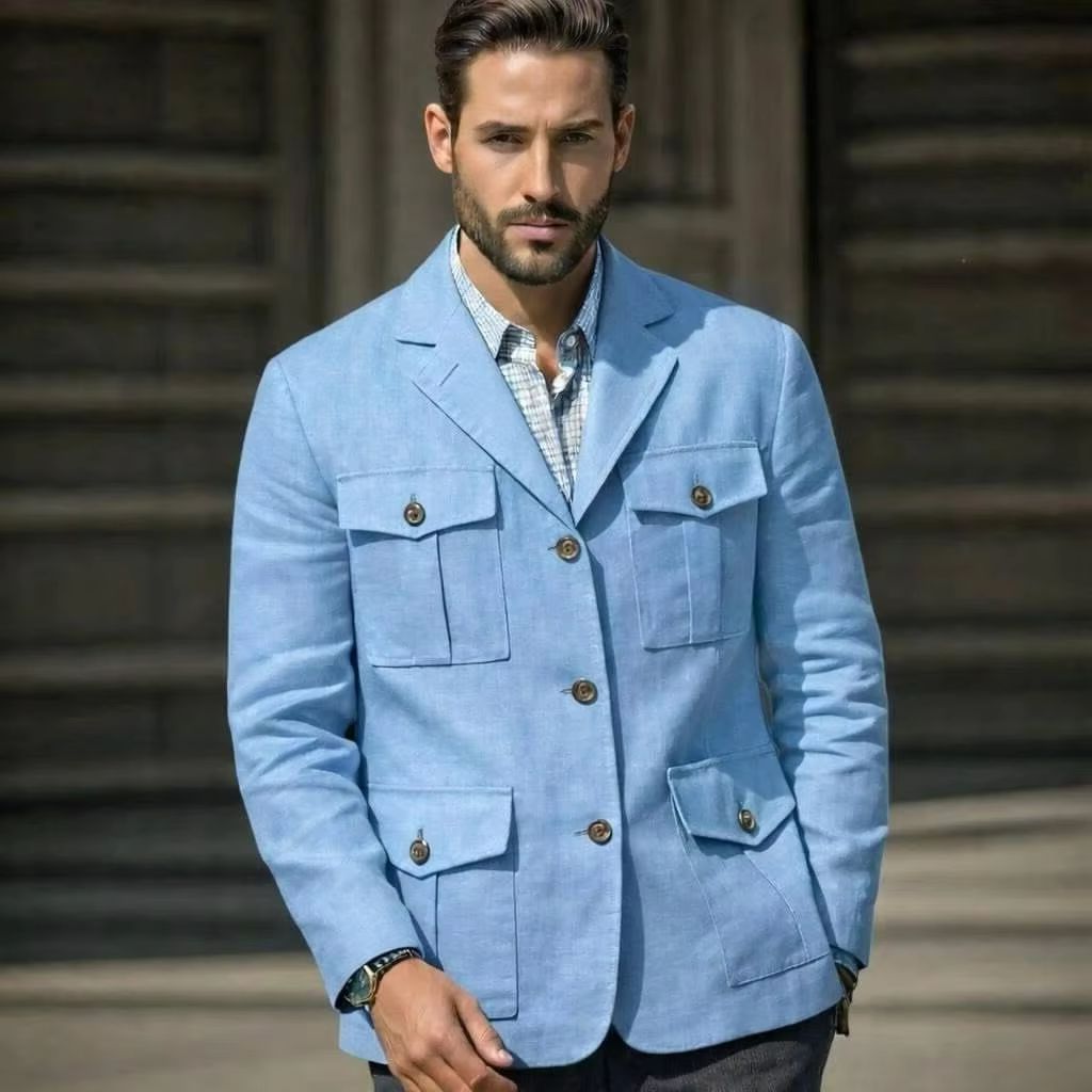 Blazer Azul de Lino Estilo Saf - Men'S Formal Resort Wear reseña y precio